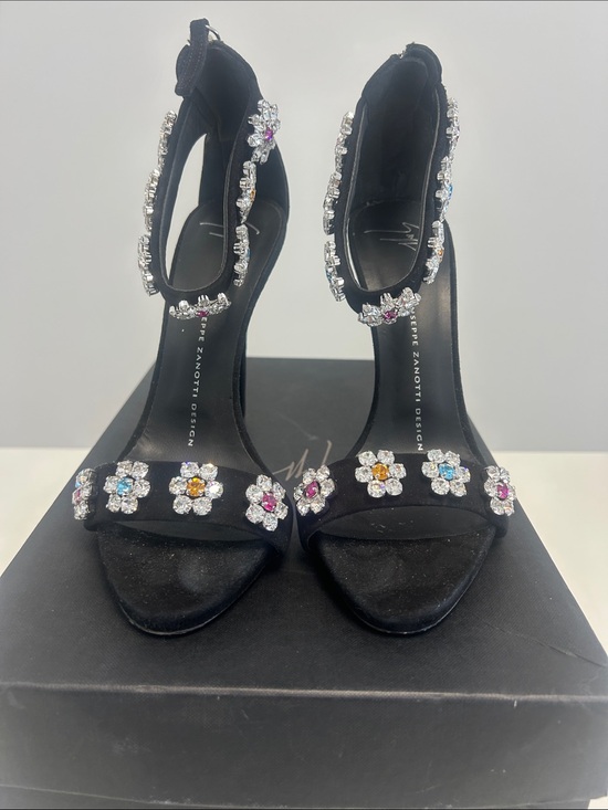 Giuseppe Zanotti Shoes - Giuseppe Zanotti Black Satin Crystal Flower Ankle-Strap Heels